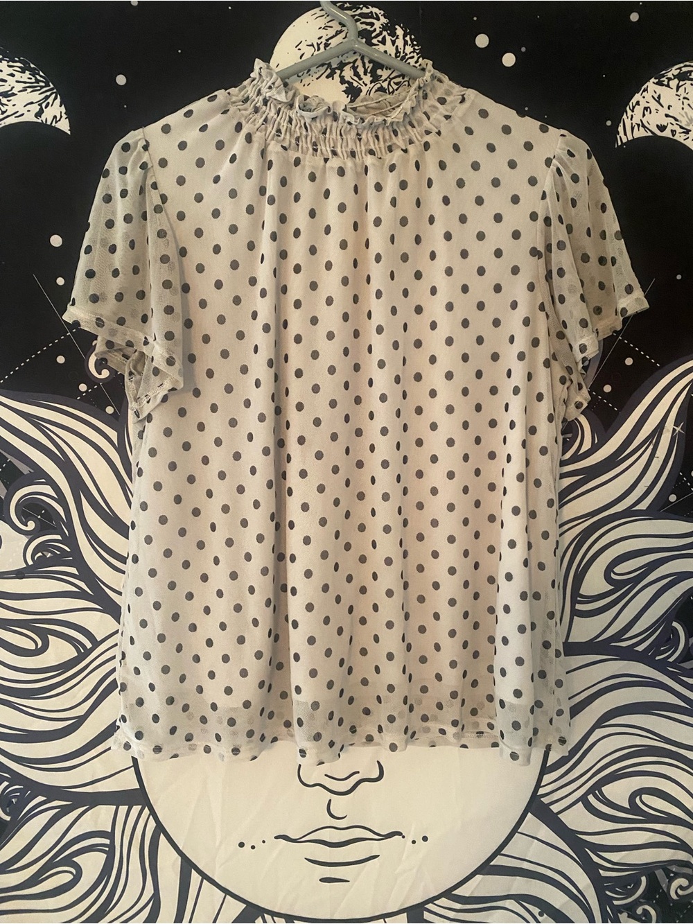 White & Black Polka Dot Twee Retro Sheer Sleeves Blouse